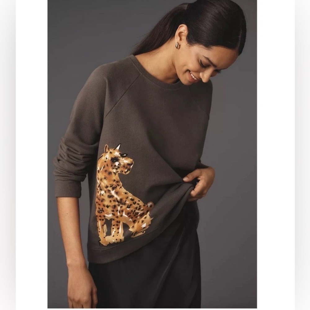 Anthropologie  LouLou Avenue Cheetah Graphic Sweatshirt Gray Olive SMALL Relaxed